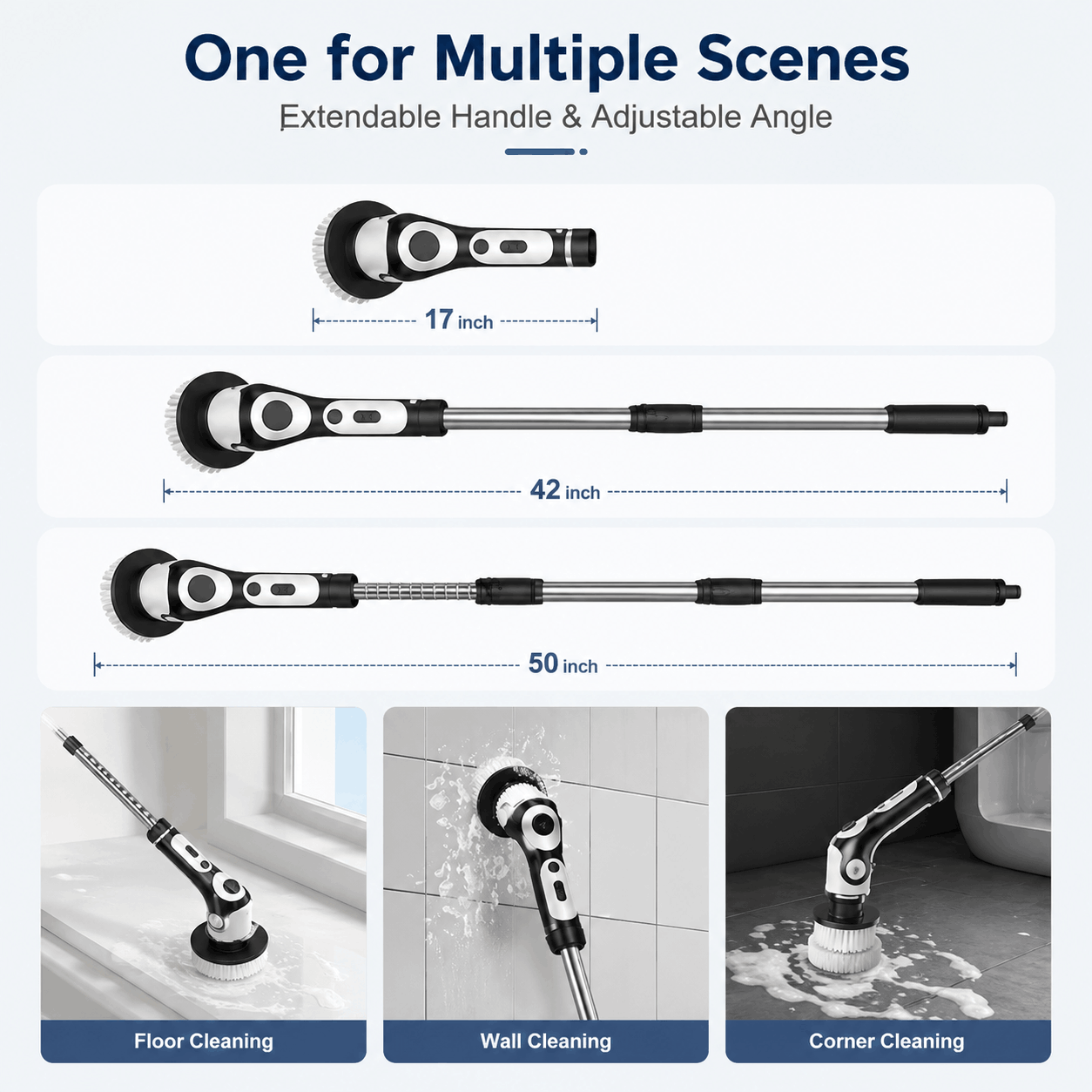 Extendable cleaning tool with adjustable angle, shown in various cleaning scenarios.
