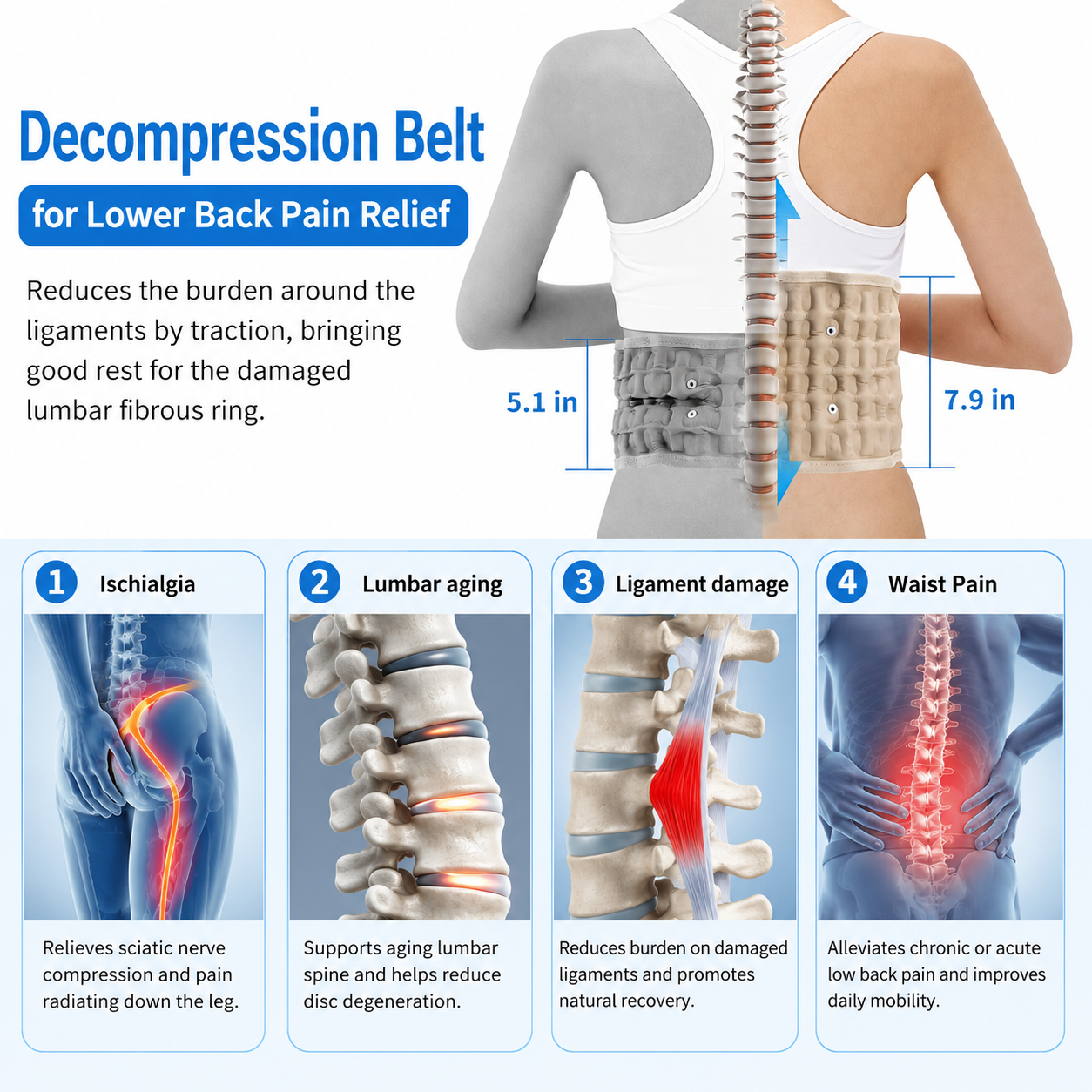 An infographic for a lumbar decompression belt showing its vertical expansion from 5.1 to 7.9 inches to relieve lower back pain, alongside four diagrams detailing its benefits for ischialgia, lumbar aging, ligament damage, and general waist pain.