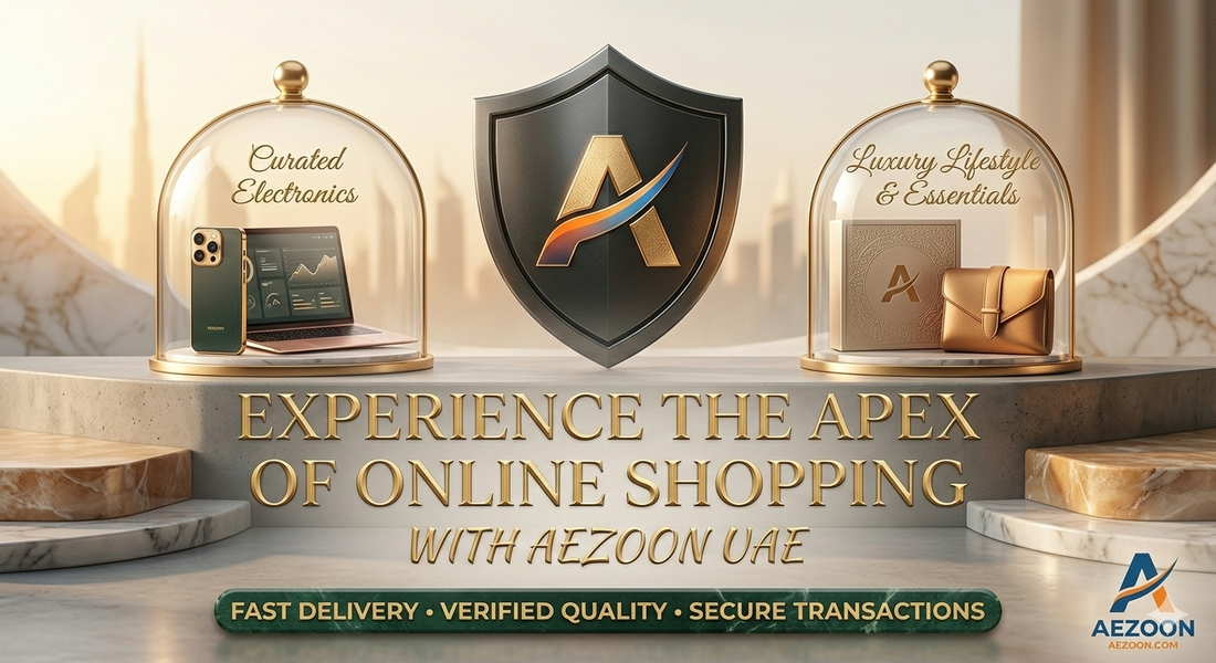Aezoon UAE premium online shopping banner featuring luxury electronics and fashion accessories with a golden Burj Khalifa background, representing high-quality retail in Dubai.