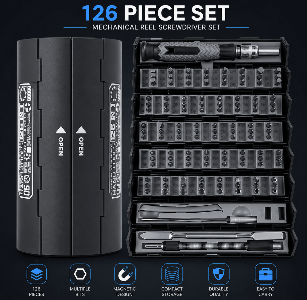 126-piece mechanical reel screwdriver set with black storage case on a dark background