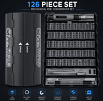 126-piece mechanical reel screwdriver set with black storage case on a dark background