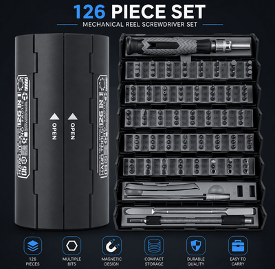 126-piece mechanical reel screwdriver set with black storage case on a dark background