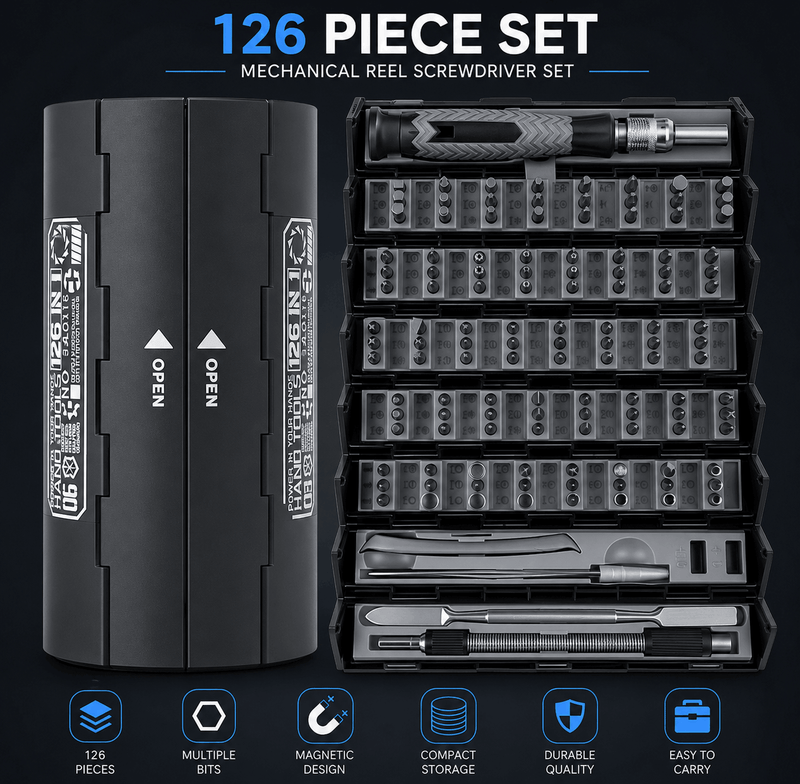 126-piece mechanical reel screwdriver set with black storage case on a dark background