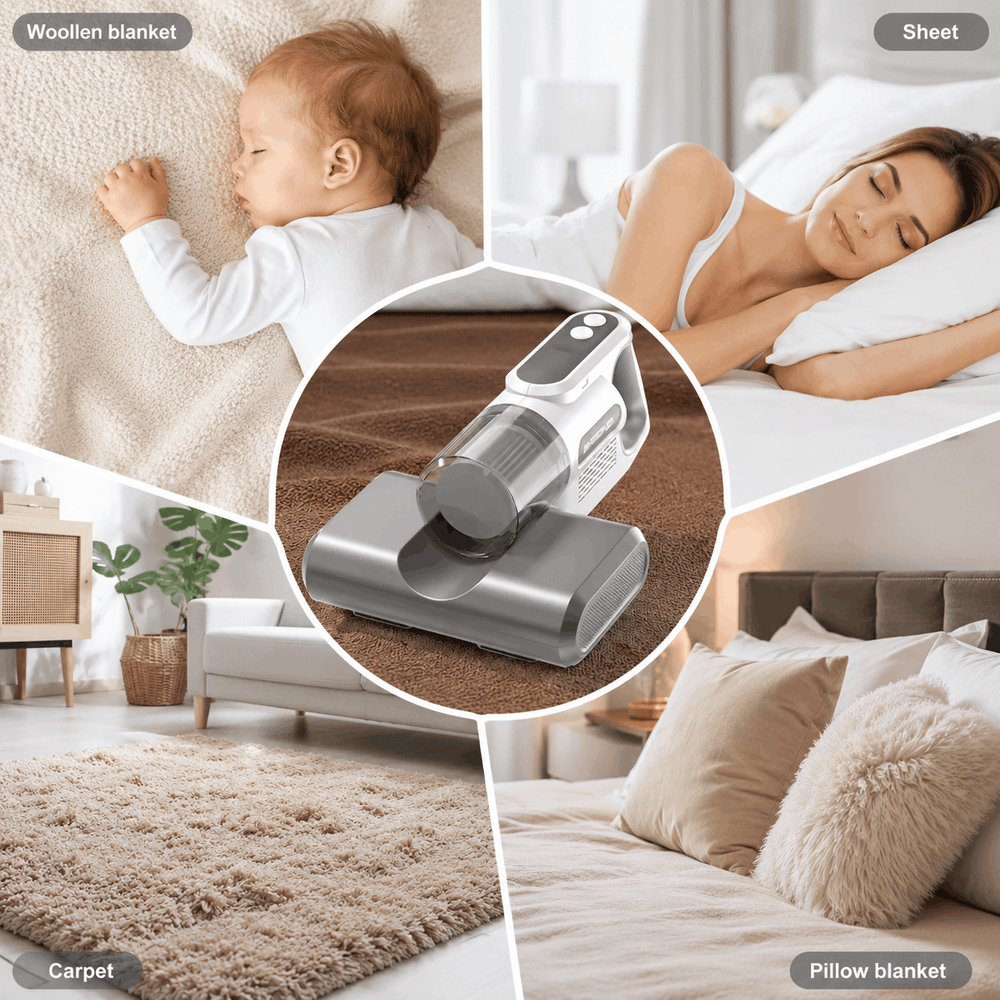 Collage of a baby sleeping on a woolen blanket, a woman sleeping on a bed, a vacuum cleaner on a carpet, and a bedroom with pillows and blankets.