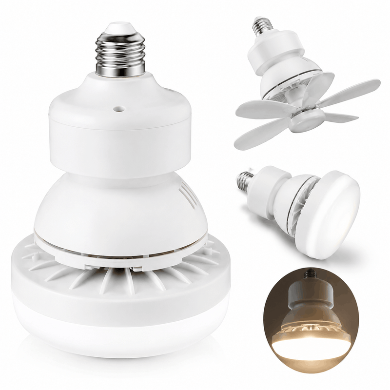 2-in-1 ceiling fan with LED light featuring a compact screw-in socket design and foldable blades for space-saving installation