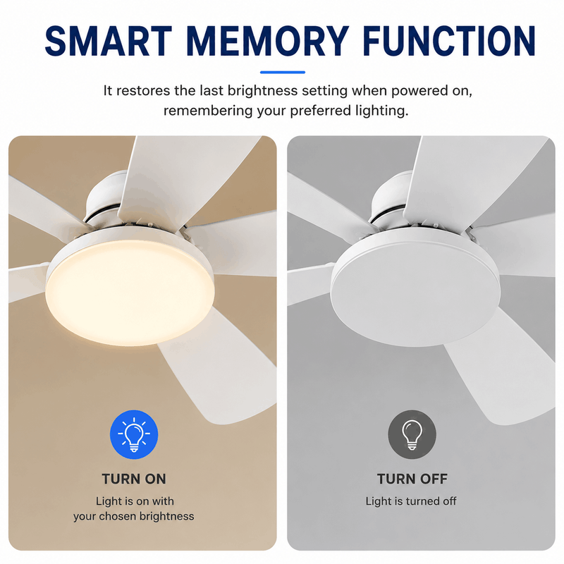 2-in-1 ceiling fan with LED light featuring a smart memory function that restores the previous brightness setting after power is turned on