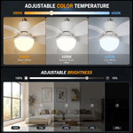 2-in-1 ceiling fan with LED light featuring adjustable color temperature (3000K–6500K) and dimmable brightness for customized lighting