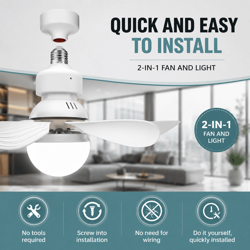 2-in-1 ceiling fan with LED light featuring easy screw-in installation, no wiring required, and a standard E26/E27 socket design.
