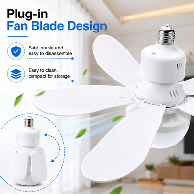 2-in-1 ceiling fan with LED light featuring foldable fan blades for easy installation, compact storage, and simple cleaning