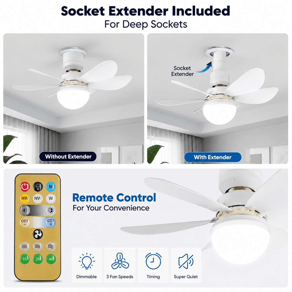 2-in-1 ceiling fan with LED light, remote control, and socket extender for deep sockets with adjustable fan speeds and lighting
