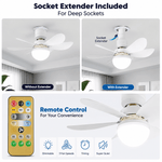 2-in-1 ceiling fan with LED light, remote control, and socket extender for deep sockets with adjustable fan speeds and lighting