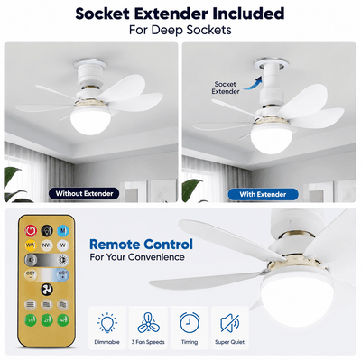 2-in-1 ceiling fan with LED light, remote control, and socket extender for deep sockets with adjustable fan speeds and lighting