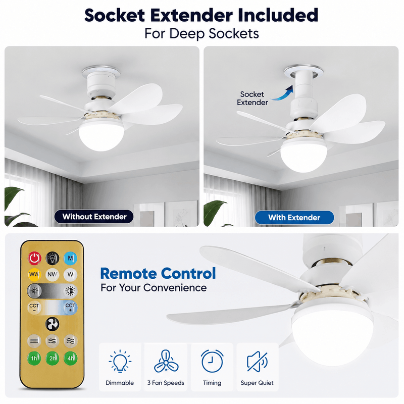 2-in-1 ceiling fan with LED light, remote control, and socket extender for deep sockets with adjustable fan speeds and lighting
