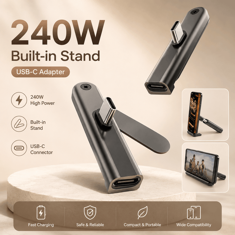 240W USB-C adapter with built-in stand on a beige background
