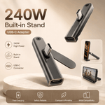 240W USB-C adapter with built-in stand on a beige background