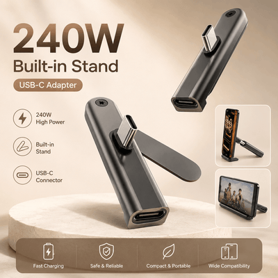 240W USB-C adapter with built-in stand on a beige background