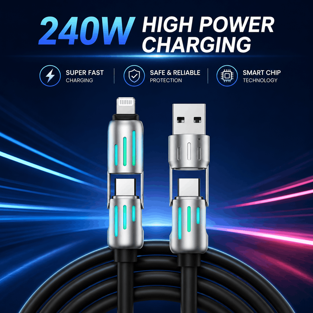 240W high power charging cable with smart chip technology on a dark background