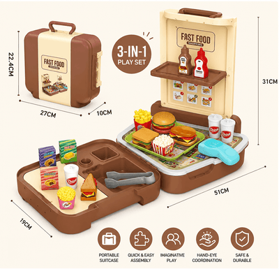 3-in-1 fast food play set with dimensions and features on a white background