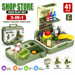 3-in-1 kids play set with mobile grocery briefcase, shop store, and suitcase on a wooden surface.