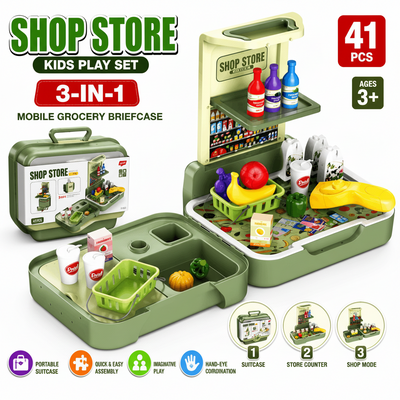 3-in-1 kids play set with mobile grocery briefcase, shop store, and suitcase on a wooden surface.