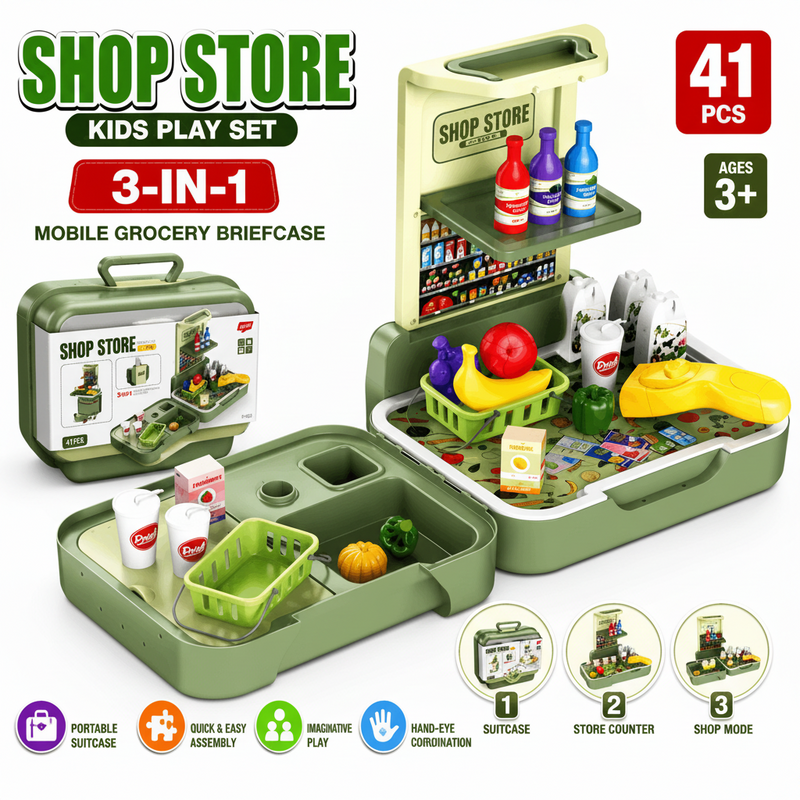 3-in-1 kids play set with mobile grocery briefcase, shop store, and suitcase on a wooden surface.