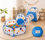 3-in-1 kids' play tent set with crawl tunnel, ball pit, and basketball hoop in a colorful polka-dot design