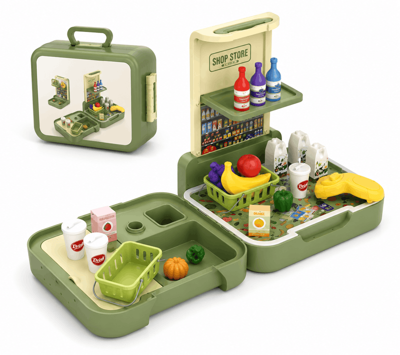 3-in-1 mobile briefcase grocery store play set with 41 colorful pieces and carry handle for kids
