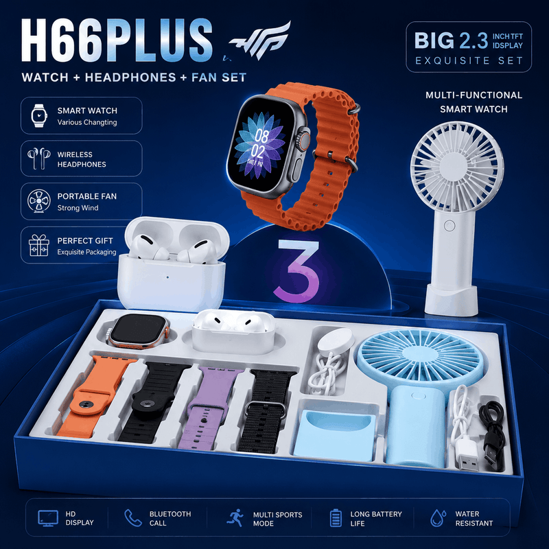 3-in-1 smart watch set packaging displaying a 2.3 inch screen watch, wireless headphones, and a mini fan