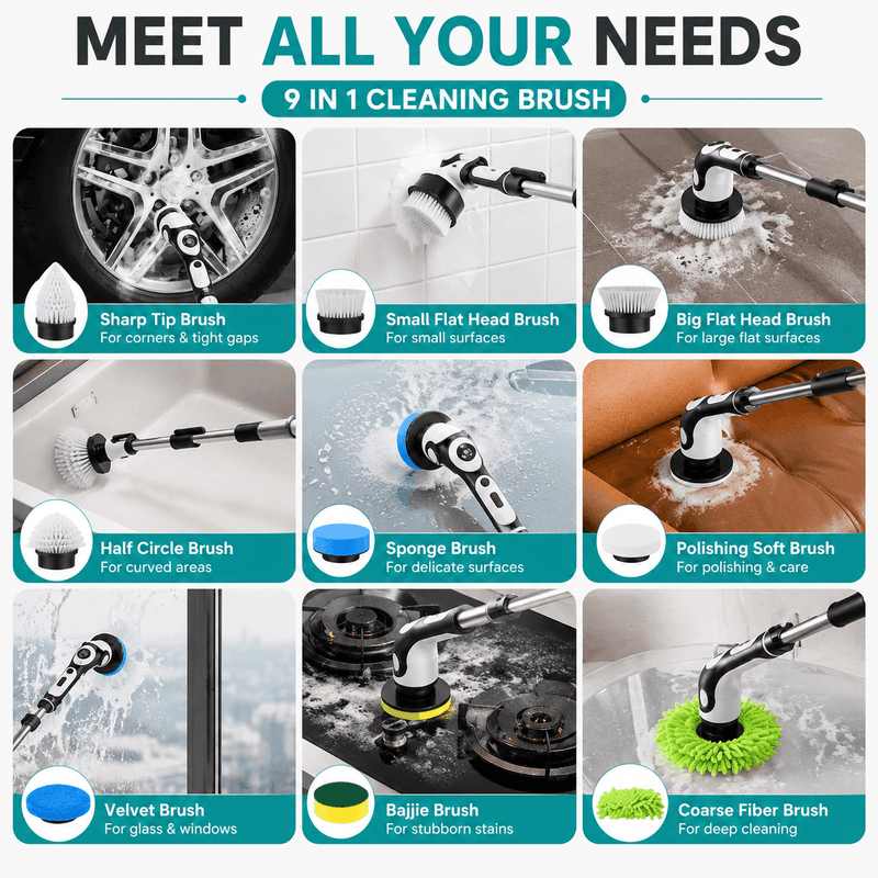 9-in-1 cleaning brush with various attachments for different cleaning tasks.