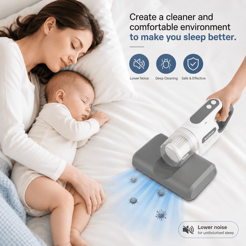 Woman and baby sleeping on a bed with a handheld vacuum cleaner cleaning the surface.