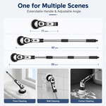 Extendable cleaning tool with adjustable angle, shown in various cleaning scenarios.