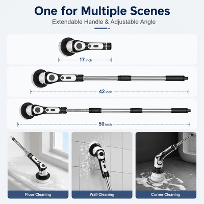 Extendable cleaning tool with adjustable angle, shown in various cleaning scenarios.