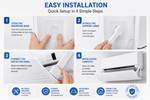 Step-by-step installation guide for an air conditioner with hands performing each step.