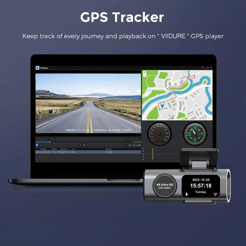 GPS tracker with laptop displaying a road and map, on a dark blue background at Aezoon