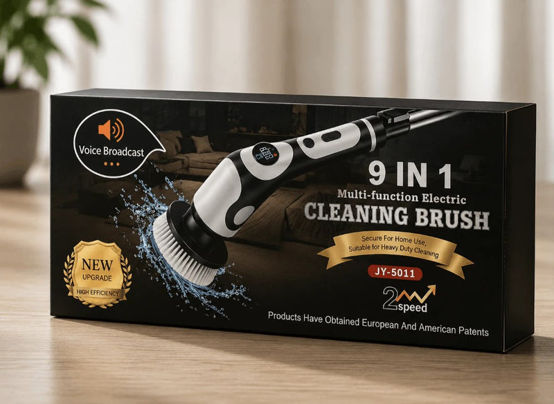 9-in-1 multi-function electric cleaning brush packaging on a wooden surface