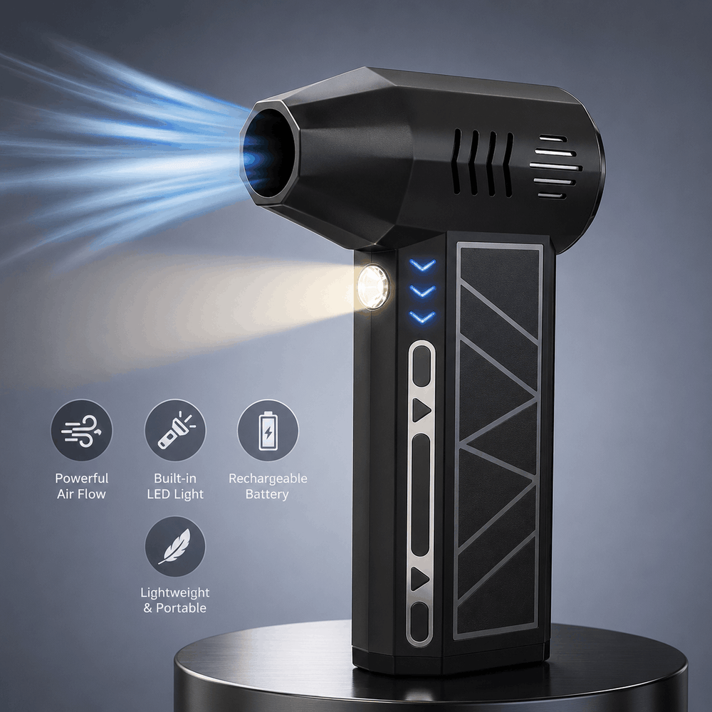 A black handheld air blower or fog nozzle standing on a round black base against a dark blue-gray gradient background. Blue airflow graphics emerge from the nozzle opening, and a white beam of light is projected forward.