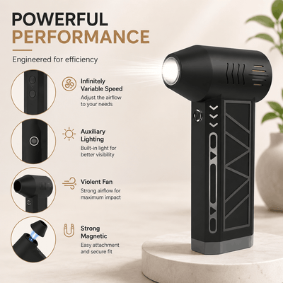 A black handheld electric incense burner with a bright white LED light, shown on a light beige background with promotional text and feature callouts on the left.
