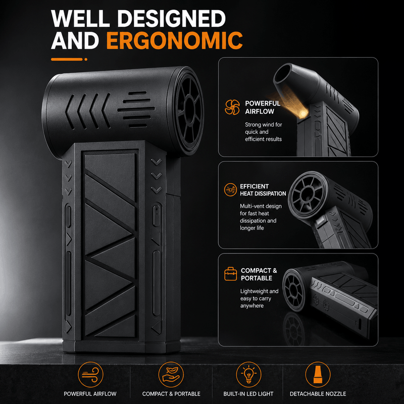 A black handheld electric nail polisher shown on a dark promotional graphic with feature callouts: powerful airflow, efficient heat dissipation, compact portability, built-in LED light, and detachable nozzle.