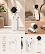 A collage showing a compact white foldable handheld device with a circular digital display, including standalone views, a hand holding it, and a tabletop scene. The bottom panel shows included accessories: a USB charging cable, a black carrying strap, and another view of the device, with icons noting digital display, 5 speed levels, easy to carry, and foldable design.