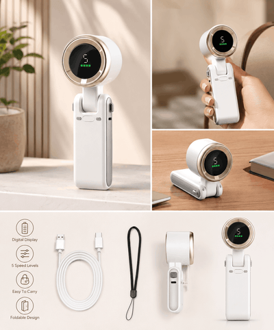 A collage showing a compact white foldable handheld device with a circular digital display, including standalone views, a hand holding it, and a tabletop scene. The bottom panel shows included accessories: a USB charging cable, a black carrying strap, and another view of the device, with icons noting digital display, 5 speed levels, easy to carry, and foldable design.