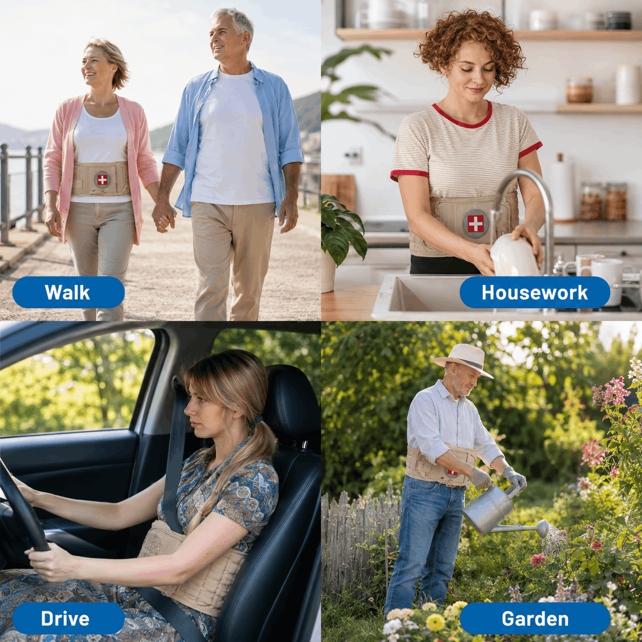 A four-panel graphic showing people wearing a Spinal Air Traction Belt while performing daily activities such as walking outdoors, doing housework at a sink, driving a car, and gardening.