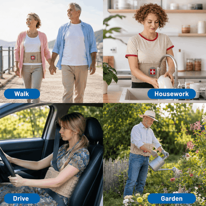 A four-panel graphic showing people wearing a Spinal Air Traction Belt while performing daily activities such as walking outdoors, doing housework at a sink, driving a car, and gardening.