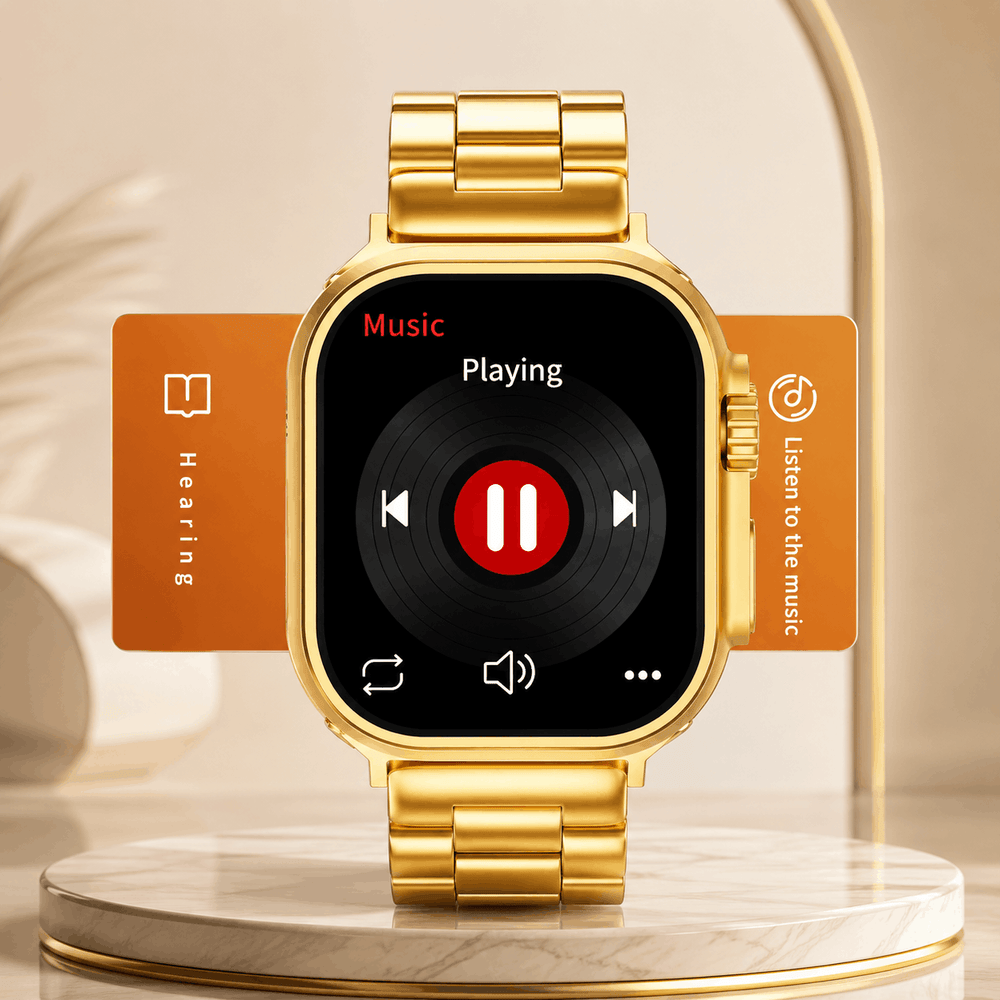 A gold smartwatch with a metal link band displaying a music player interface on its screen, featuring a vinyl record graphic and playback controls.