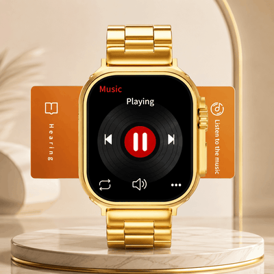A gold smartwatch with a metal link band displaying a music player interface on its screen, featuring a vinyl record graphic and playback controls.