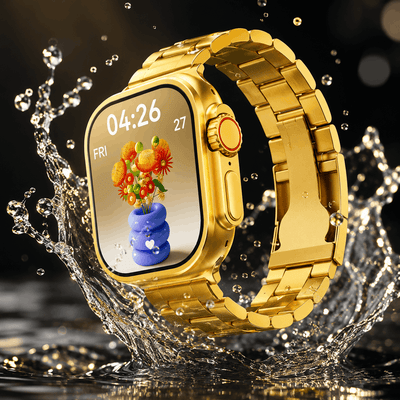 A gold smartwatch with a metal link band splashing through water, featuring a digital watch face with a colorful floral graphic.