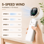 A hand holds a white handheld wind dryer with a circular digital display and metallic trim. The image includes marketing text reading '5-SPEED WIND' and 'Available 2-10 Hours,' plus five speed-level panels showing runtime.