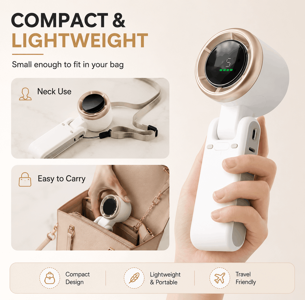 A handheld white and rose-gold personal care device shown in a hand, with marketing text reading 'COMPACT & LIGHTWEIGHT' and inset photos demonstrating neck use and carrying it in a bag.