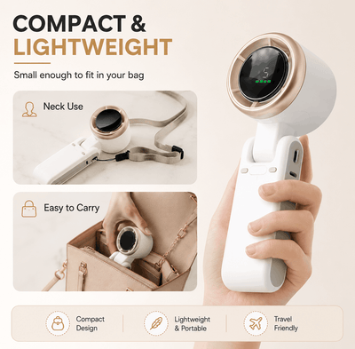 A handheld white and rose-gold personal care device shown in a hand, with marketing text reading 'COMPACT & LIGHTWEIGHT' and inset photos demonstrating neck use and carrying it in a bag.