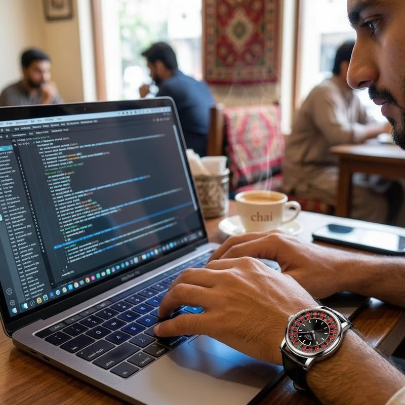 A man wearing a LIGE roulette-themed watch works on a laptop in a café, with a cup of tea nearby.