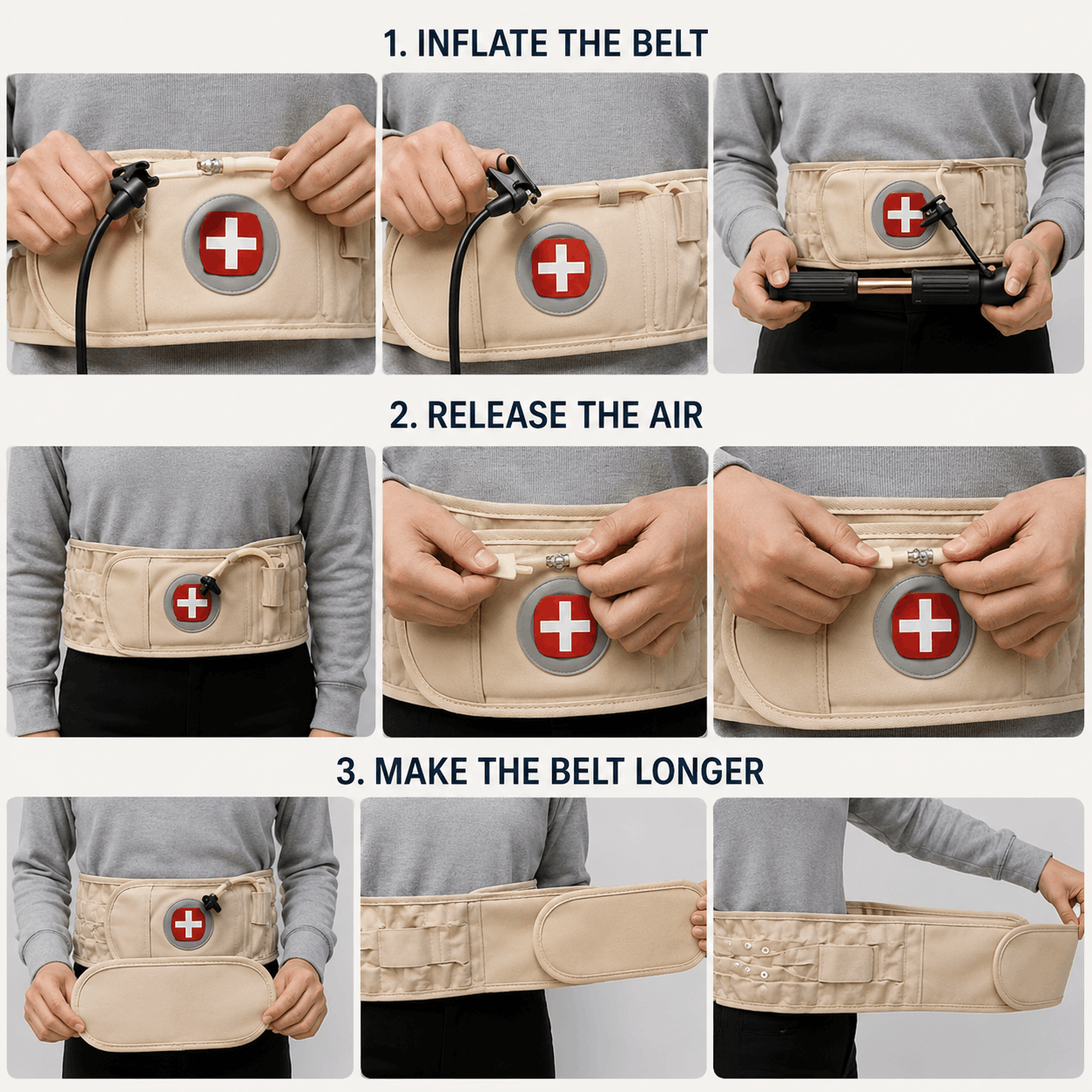 A multi-panel instructional graphic for the Spinal Air Traction Belt, demonstrating how to inflate the belt using the hand pump, release the air, and attach the extension piece to make the belt longer.